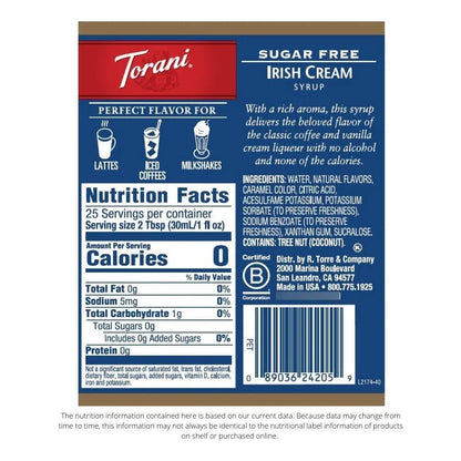 Sirope Torani Crema Irlandesa Sin Azúcar Pack X4 25.4 Oz Ideal Café Postres