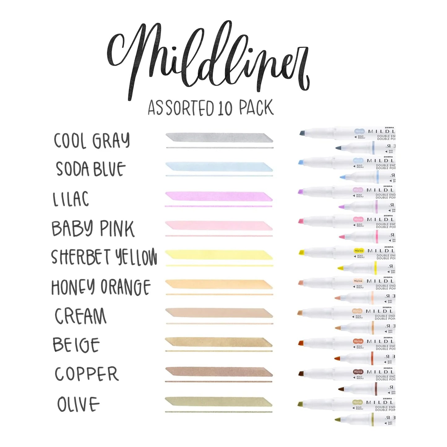 Zebra Pen Mildliner 10 Resaltadores Doble Punta Colores Suaves Sin Traspaso
