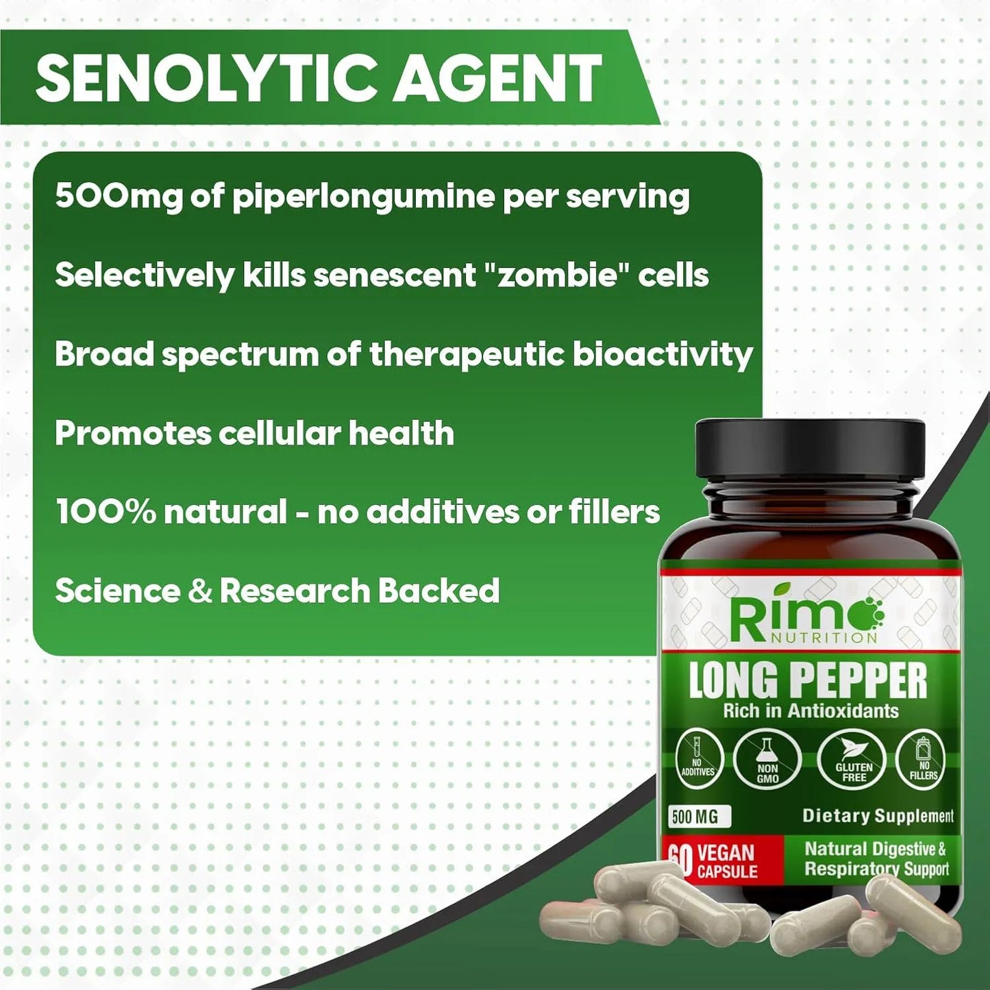 Pimienta Larga 60 Cápsulas 500 Mg Suplemento Senolítico Natural Vegano