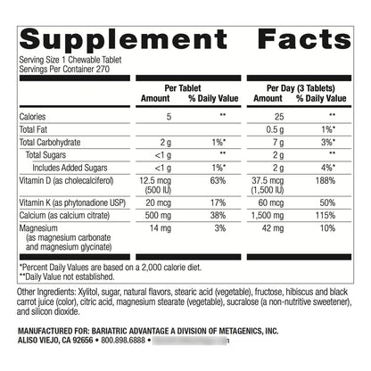 Citrato De Calcio Masticable 500 Mg Con Vitamina D3 Para Pacientes Bariátricos Sabor Cereza