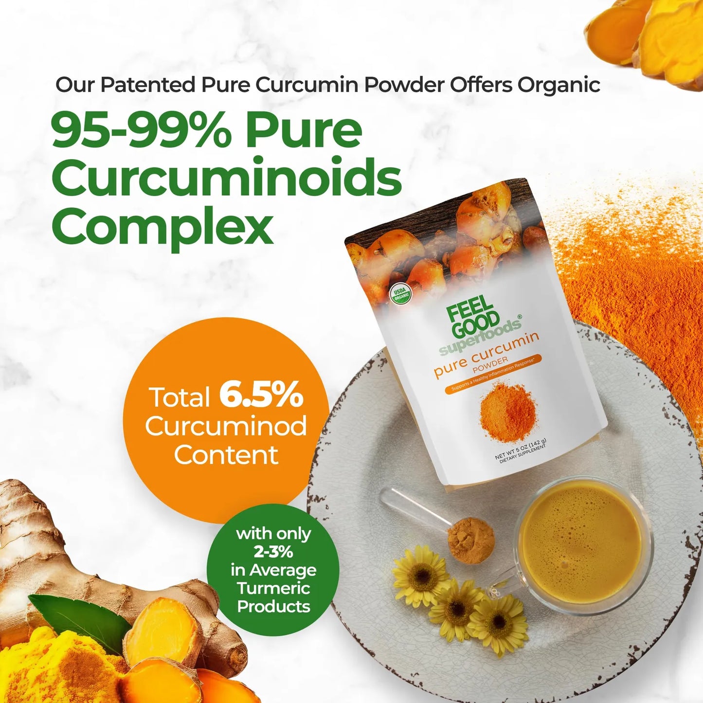 Feelgood Organic Superfoods Polvo De Curcumina Pura Orgánico Sin OMG Vegano 5 Onzas