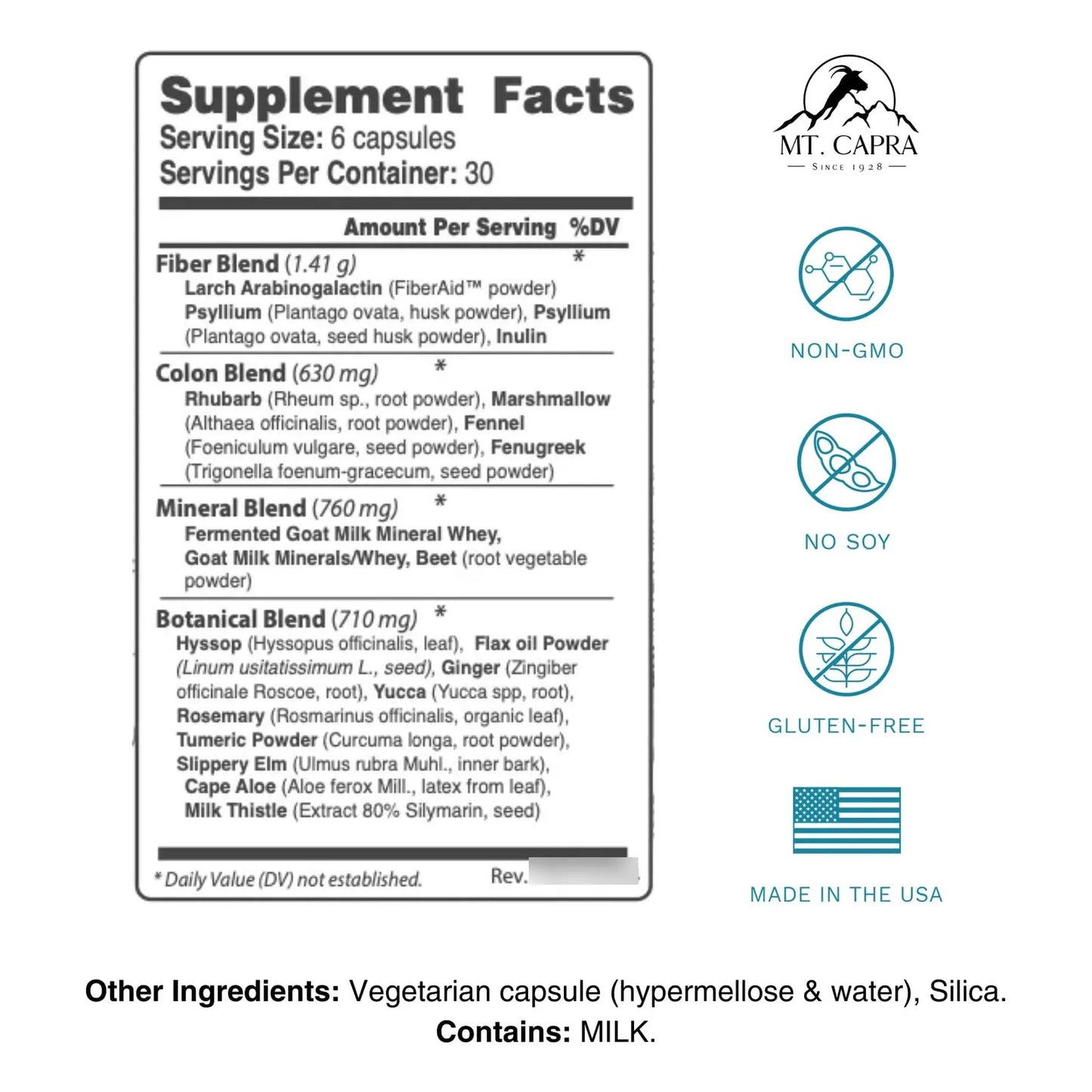 CapraCleanse Mt Capra Limpieza Intestinal 180 Capsulas Fibra Natural Sin Omg