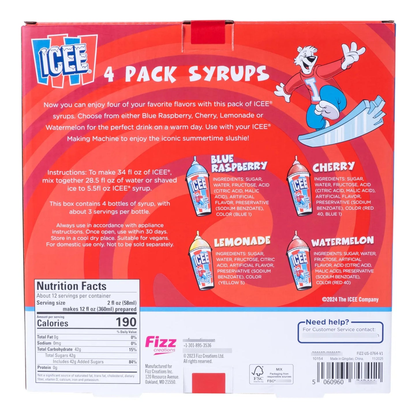 Paquete De 4 Jarabes Granizados ICEE Sabores Sandía Limonada Frambuesa Azul Cereza
