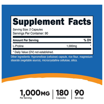 L Prolina 1000 Mg 180 Capsulas 500 Mg Por Capsula Sin Omg Sin Gluten
