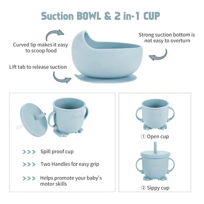 Juego De Alimentacion Bebe Silicona 6 Piezas Plato Babero Cuchara Sin Bpa