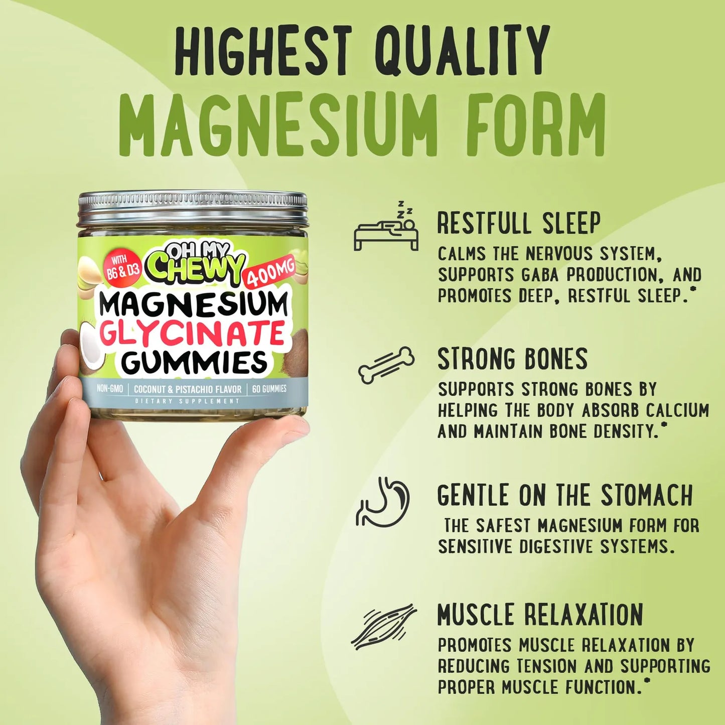 Gomitas De Magnesio 400 Mg Con B6 Y D3 Para Dormir Y Relajación Muscular