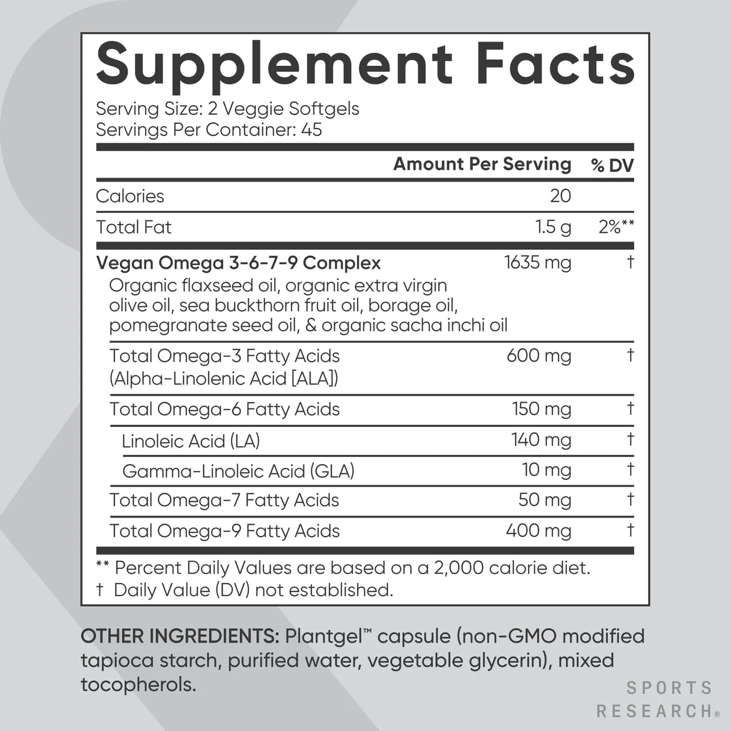Omega 3 6 7 9 Vegano Multiespectro 1200 Mg Sports Research 90 Cápsulas Blandas