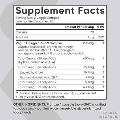 Omega 3 6 7 9 Vegano Multiespectro 1200 Mg Sports Research 90 Cápsulas Blandas