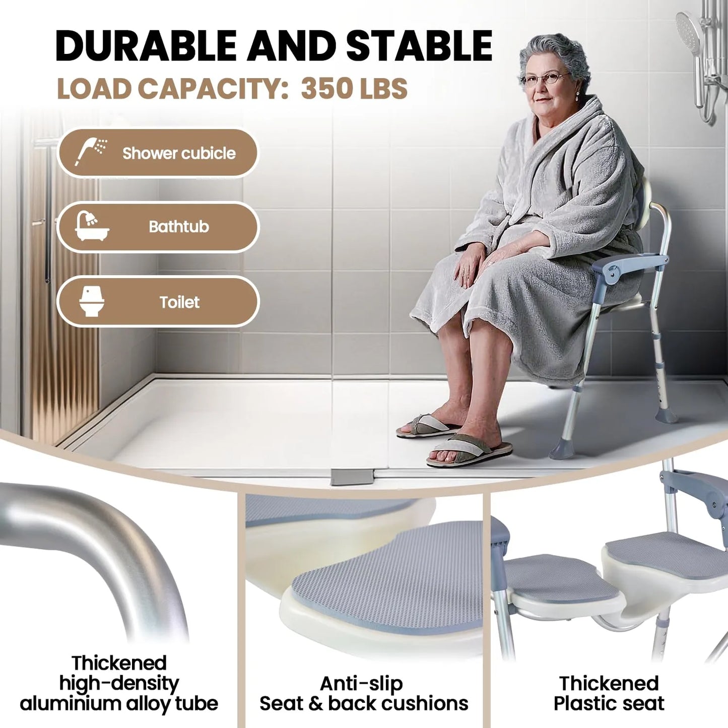 Silla De Ducha Plegable 5 Niveles Ajustables Pies Antideslizantes Segura Y Cómoda