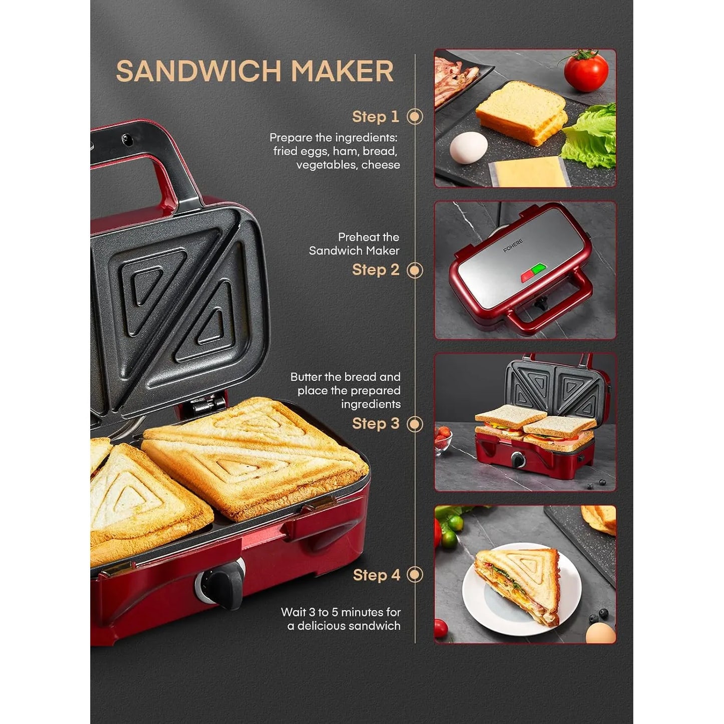 Waffle Maker 3 En 1 FOHERE 1200W Placas Desmontables Antiadherentes
