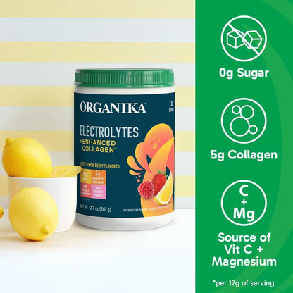 Organika Electrolitos Colágeno Hidratante Sin Azúcar Sabor Bayas Limón 360g