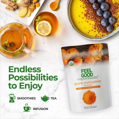 Feelgood Organic Superfoods Polvo De Curcumina Pura Orgánico Sin OMG Vegano 5 Onzas