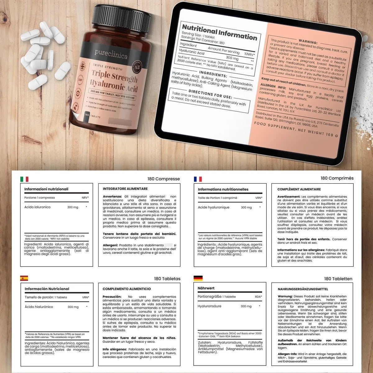 Acido Hialuronico 300 Mg 180 Comprimidos Triple Potencia Hyaluronato Sodio