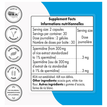 Espermidina 3 Mg Extracto Almidón Arroz 60 Cápsulas Suplemento Antioxidante
