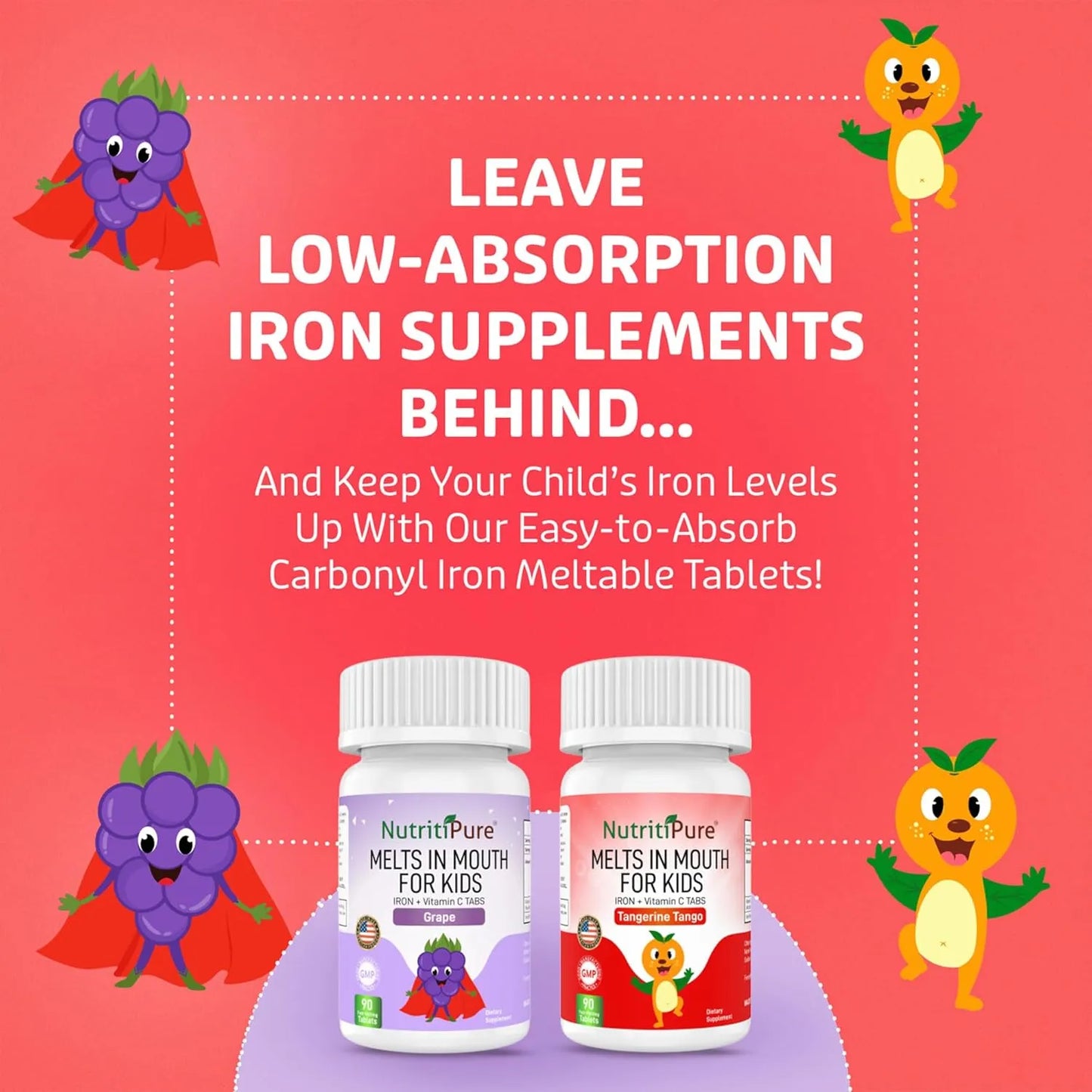 Tabletas Masticables De Hierro Sabor Uva Para Niños 9 Mg Con Vitamina C 90 Unidades
