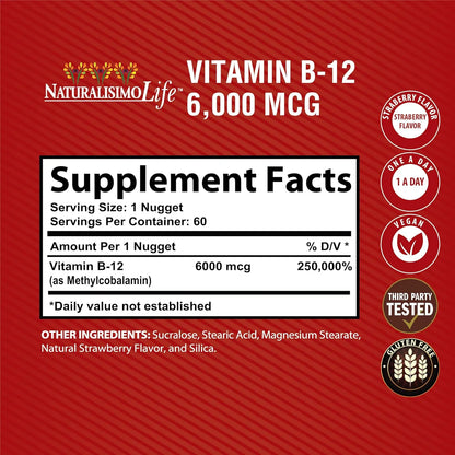 Vitamina B12 6000 Mcg Acción Rápida Sabor Fresa Energía Y Vitalidad