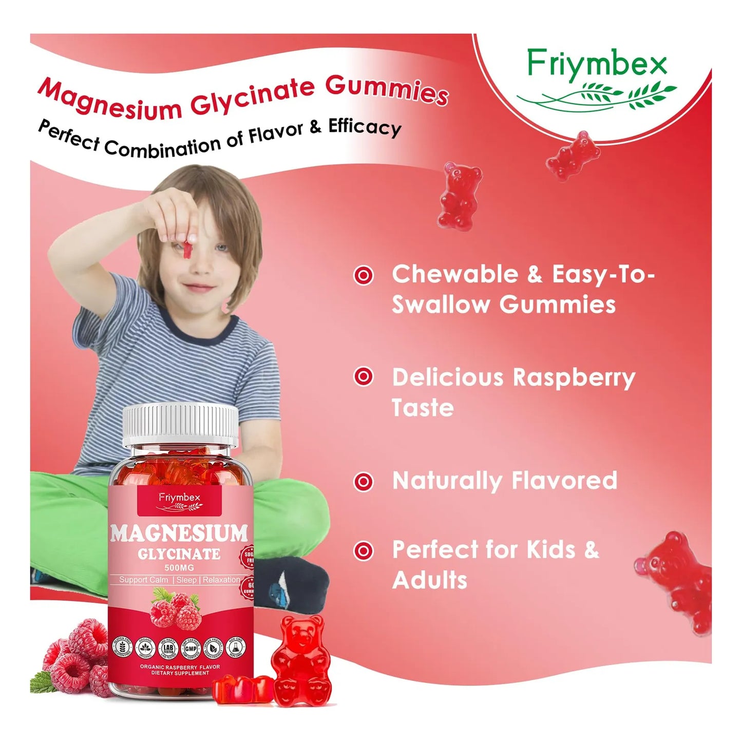 Gomitas De Magnesio Glicinato 500 Mg Relajación Sin Azúcar Sabor Frambuesa