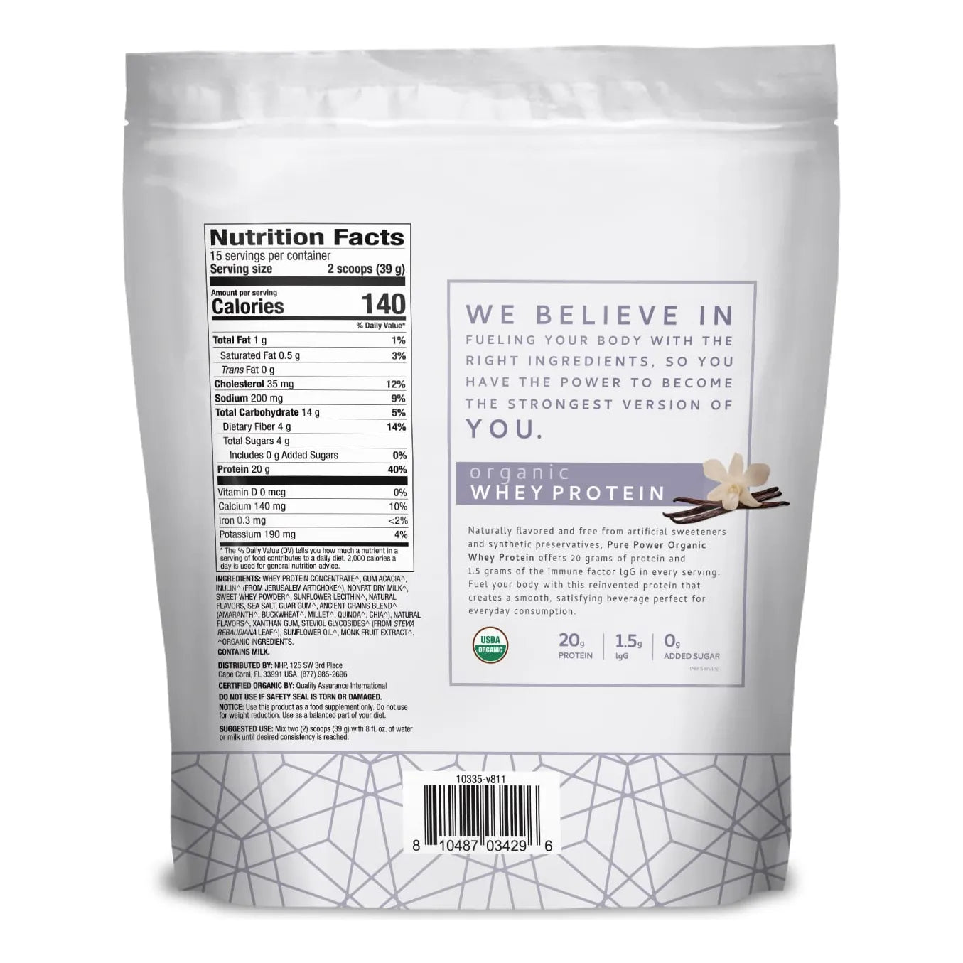 Proteina En Polvo Vainilla Organica 585g Sin Gluten Sin Soja Usda