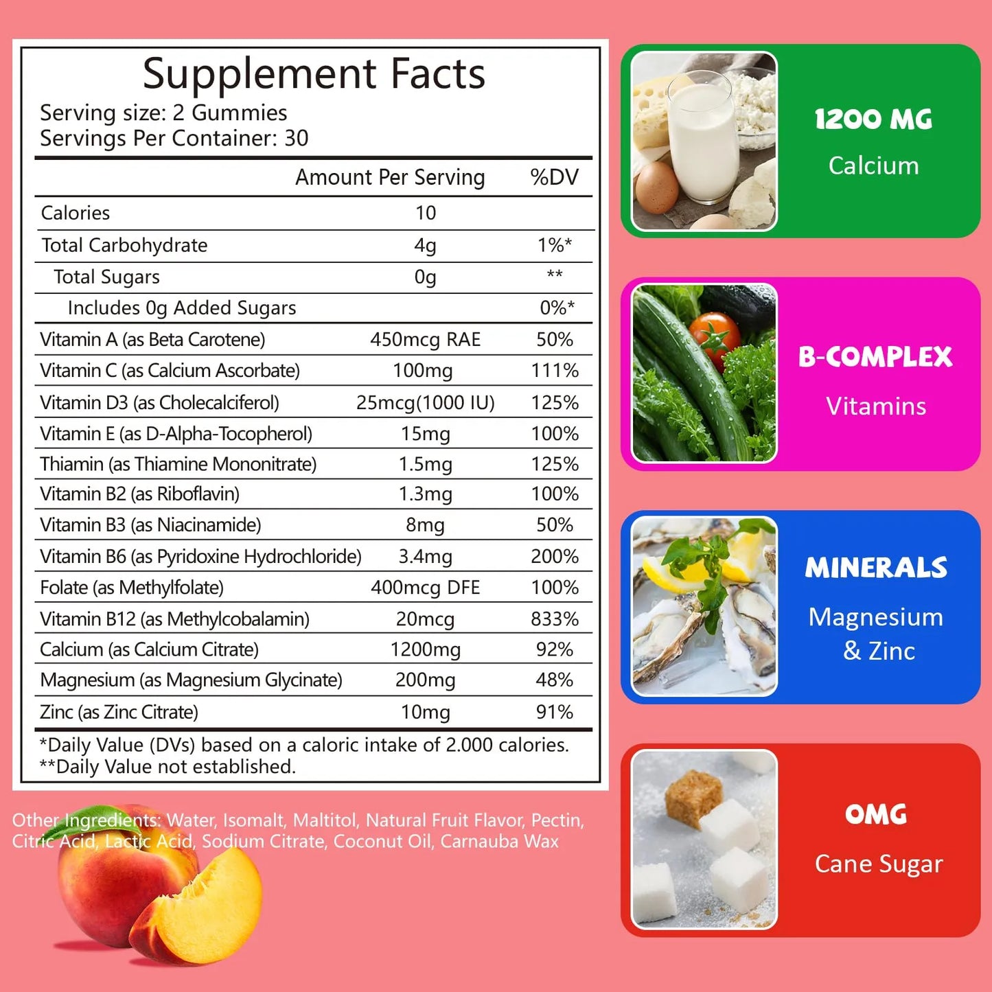 Gomitas Masticables Calcio 1200 Mg Con Vitamina D3 Magnesio Zinc Veganas Sin Azucar