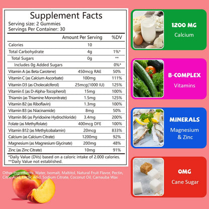 Gomitas Masticables Calcio 1200 Mg Con Vitamina D3 Magnesio Zinc Veganas Sin Azucar