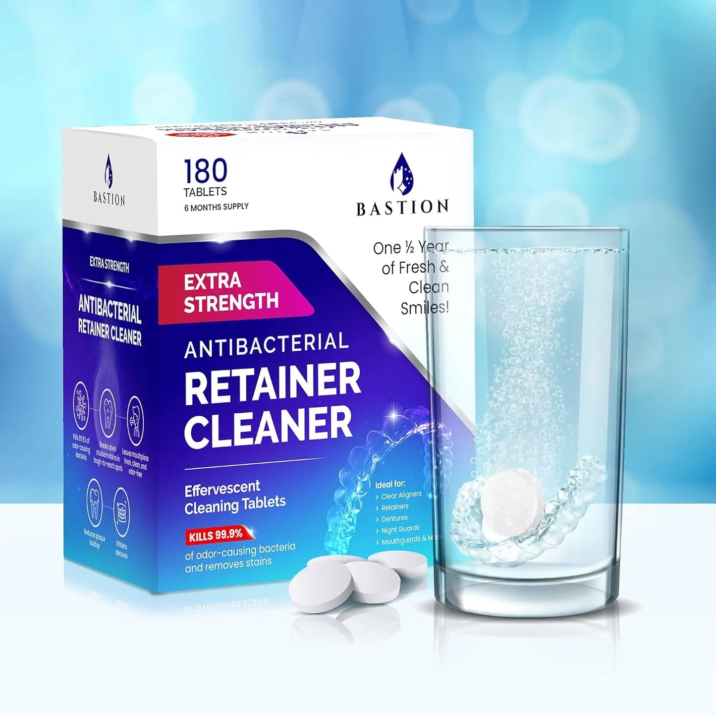 Limpiador Retenedor Y Dentaduras Bastion 180 Tabletas Efervescentes