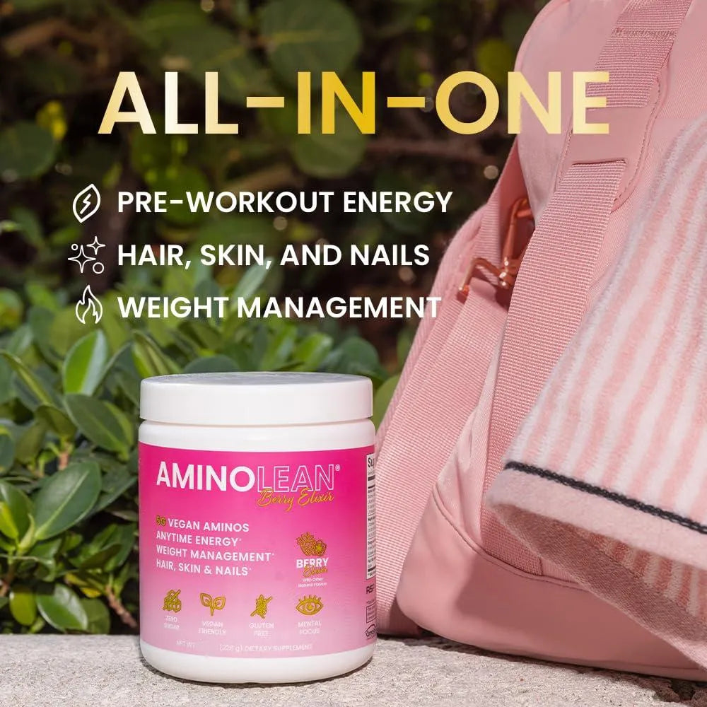 AminoLean Pre Entrenamiento Energía Limpia Con Biotina Elixir De Bayas 30 Porciones