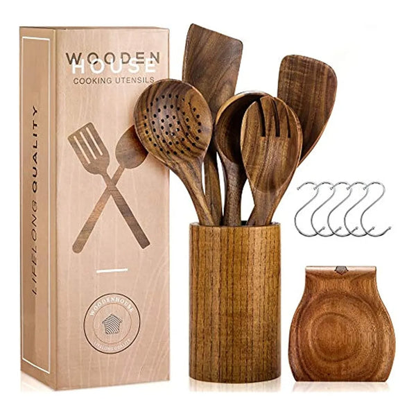 Utensilios De Cocina De Madera Con Soporte Cucharas Naturales Eco Friendly