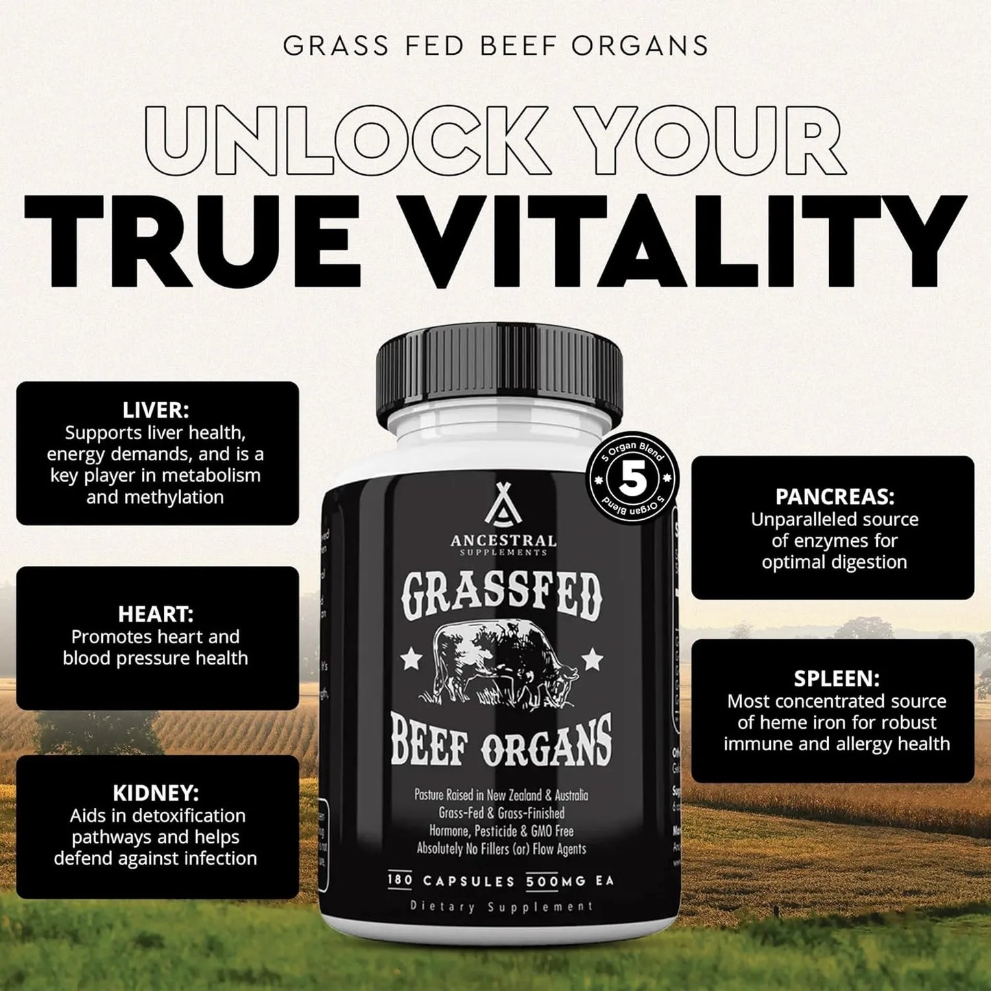 Capsulas De Organo De Res Alimentado Con Pasto Ancestral Supplements 180 Capsulas Multibeneficios