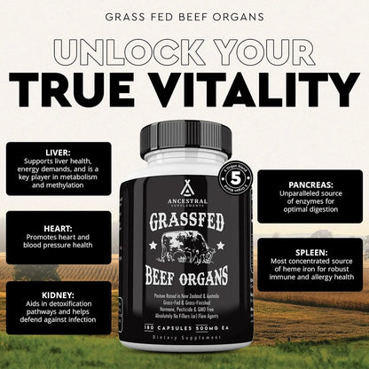 Capsulas De Organo De Res Alimentado Con Pasto Ancestral Supplements 180 Capsulas Multibeneficios