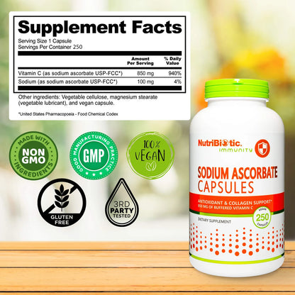Capsulas Vitamina C Tamponada Ascorbato Sodio 250 Unidades Veganas No Acidas