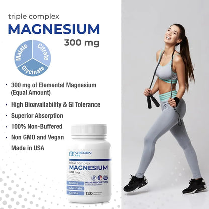 Puregen Labs Complejo Triple Magnesio 300mg Glicinato Malato Citrato 240 Capsulas Vegetales Alta Absorcion