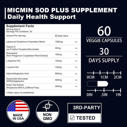 Suplemento Antioxidante SOD Plus 500 Mg Con Glutatión Liposomal Y Resveratrol Para Salud Celular