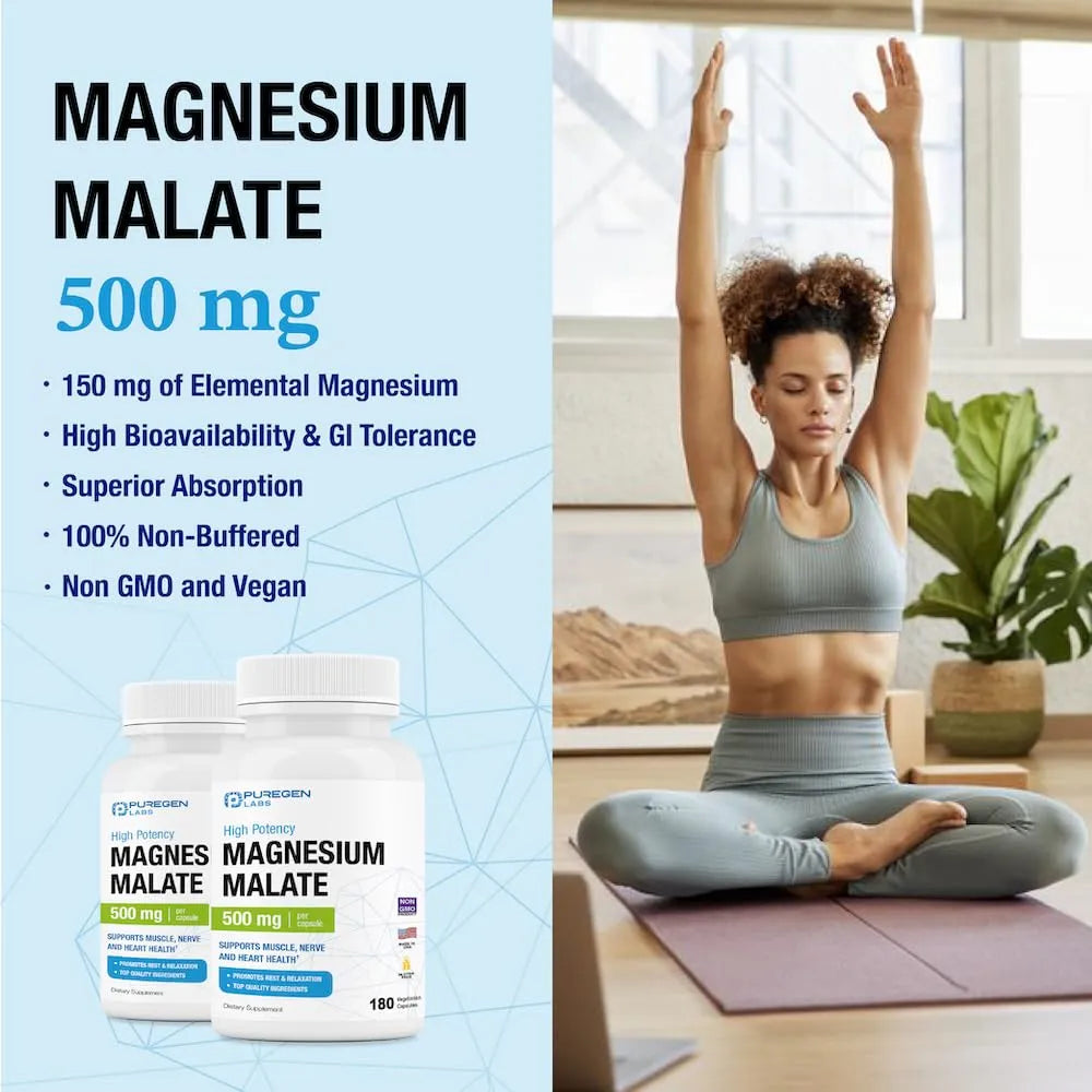 Malato De Magnesio 500 Mg 360 Capsulas Vegetales Absorcion Superior Puregen Labs