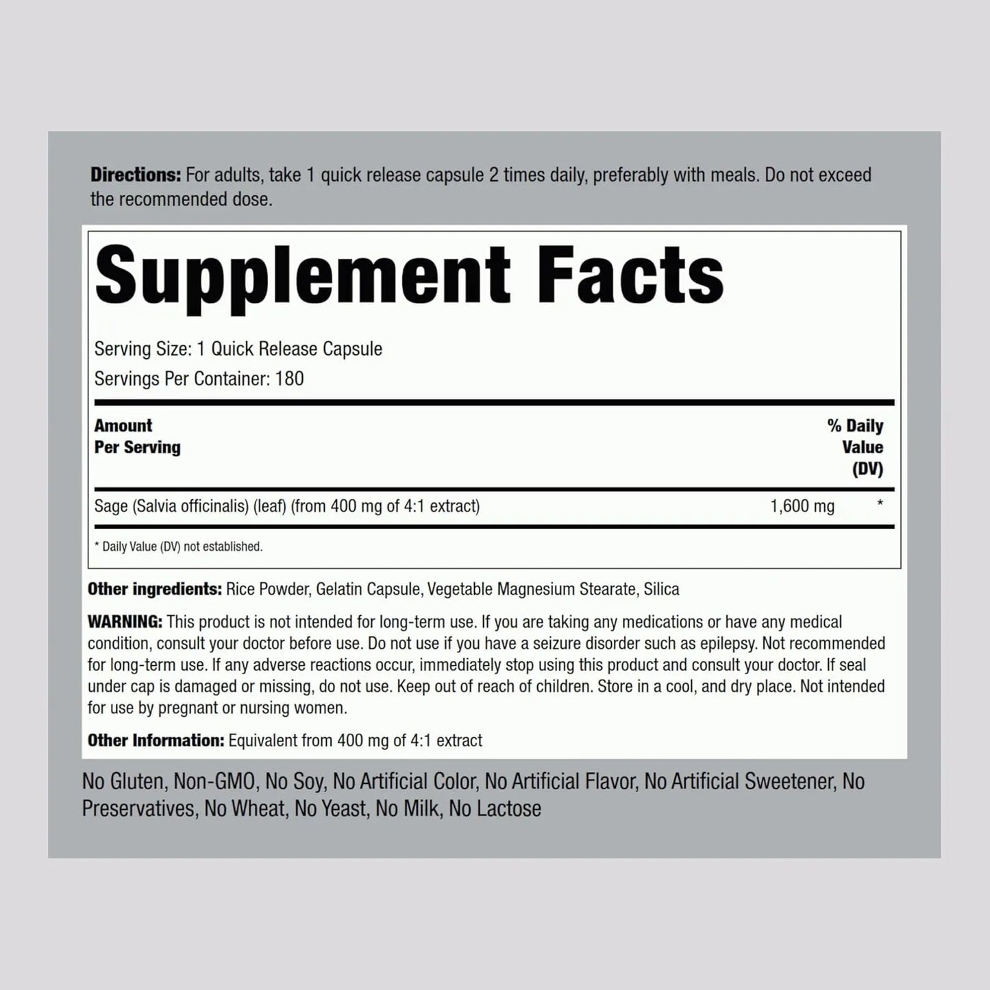 Extracto Concentrado Salvia 1600Mg 180 Capsulas Piping Rock Suplemento Natural