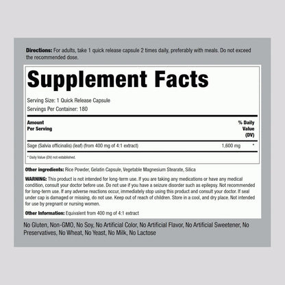 Extracto Concentrado Salvia 1600Mg 180 Capsulas Piping Rock Suplemento Natural