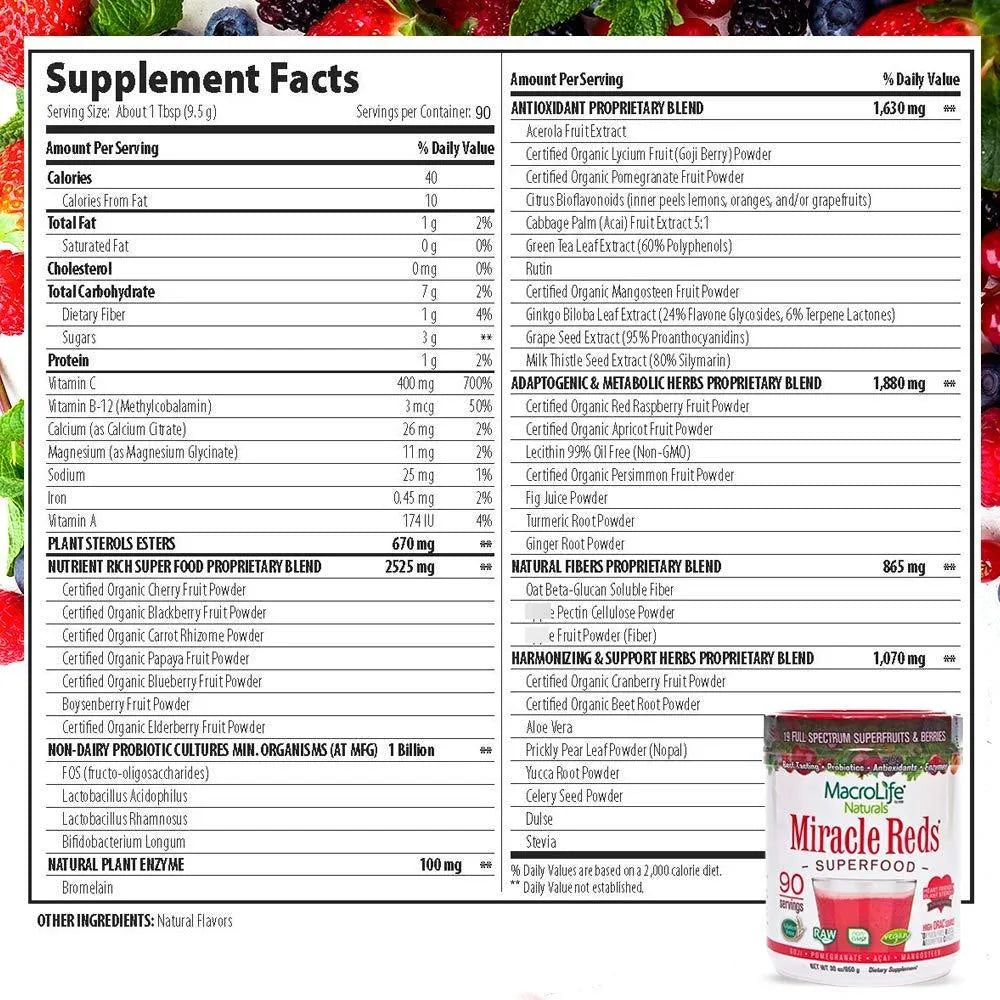 Miracle Reds Superalimento 850G 19 Superfrutas Antioxidantes Energía Natural