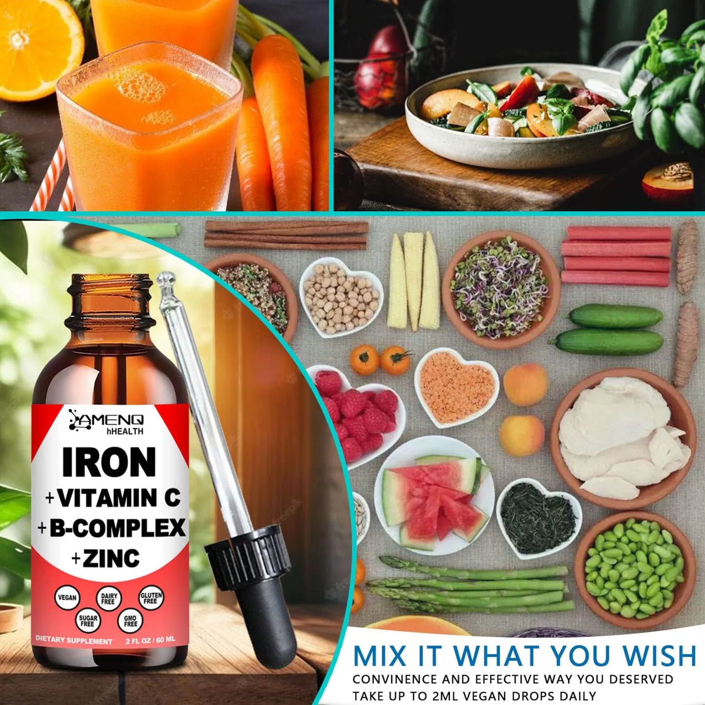 Suplemento De Hierro Líquido Con Vitaminas C A Y B Vegano Sabor Fresa