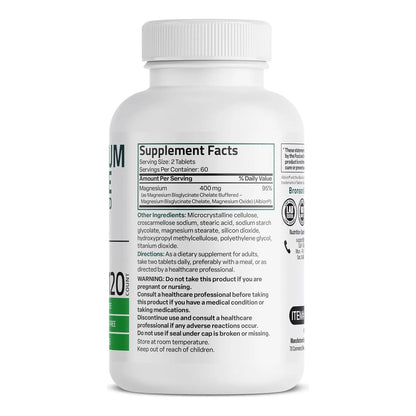 Glicinato De Magnesio 400 Mg Extra Fuerte Quelado 120 Tabletas Bronson Absorcion Superior