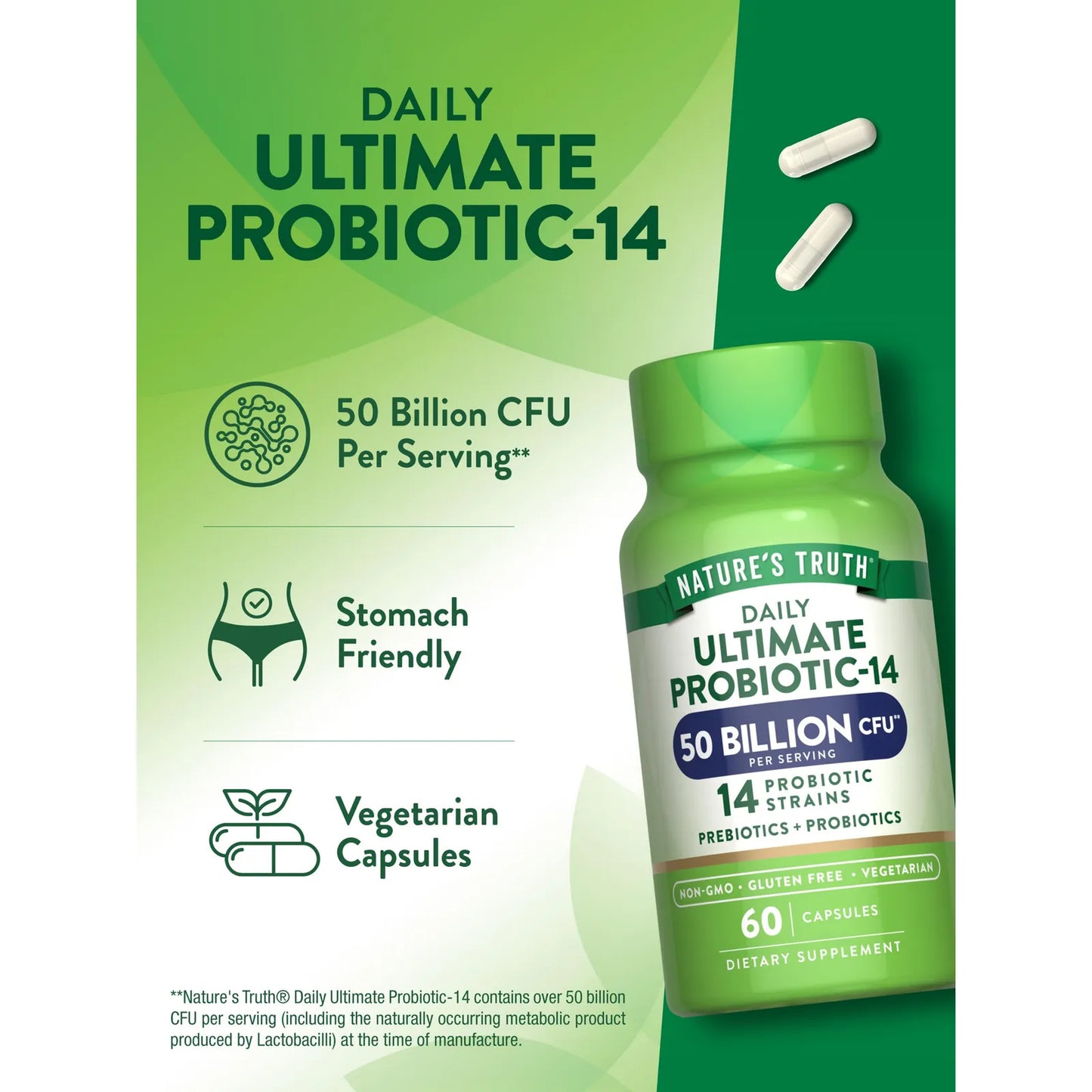 Natures Truth Probiótico 50 Mil Millones UFC Con Prebióticos 60 Cápsulas Salud Digestiva