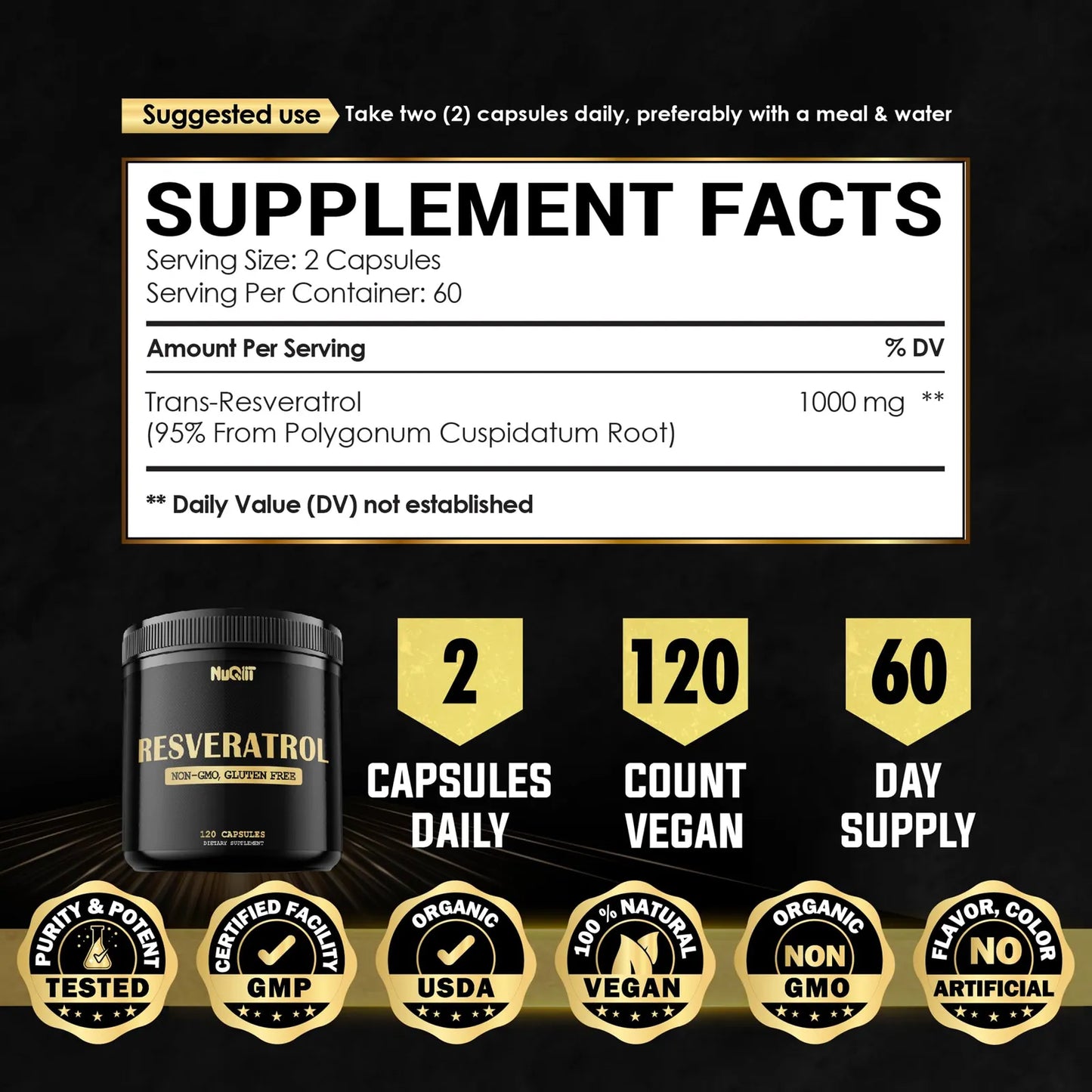Suplemento Trans Resveratrol 1000mg 120 Capsulas Soporte Cardiaco Y Energia