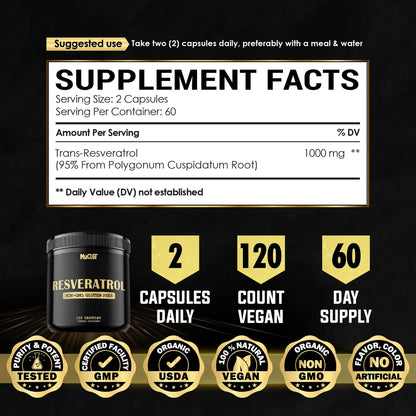 Suplemento Trans Resveratrol 1000mg 120 Capsulas Soporte Cardiaco Y Energia