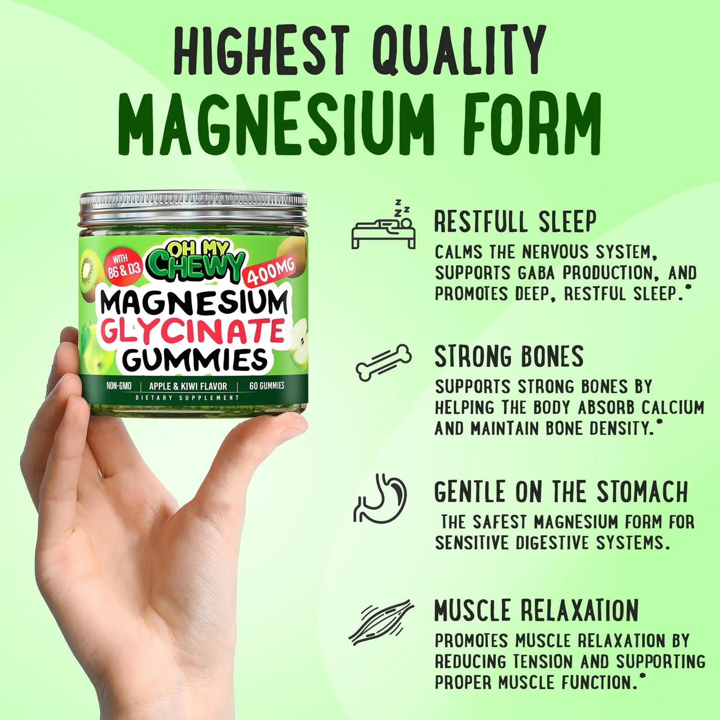 Gomitas De Glicinato De Magnesio 400 Mg Alta Absorción Para Dormir y Relajación Muscular