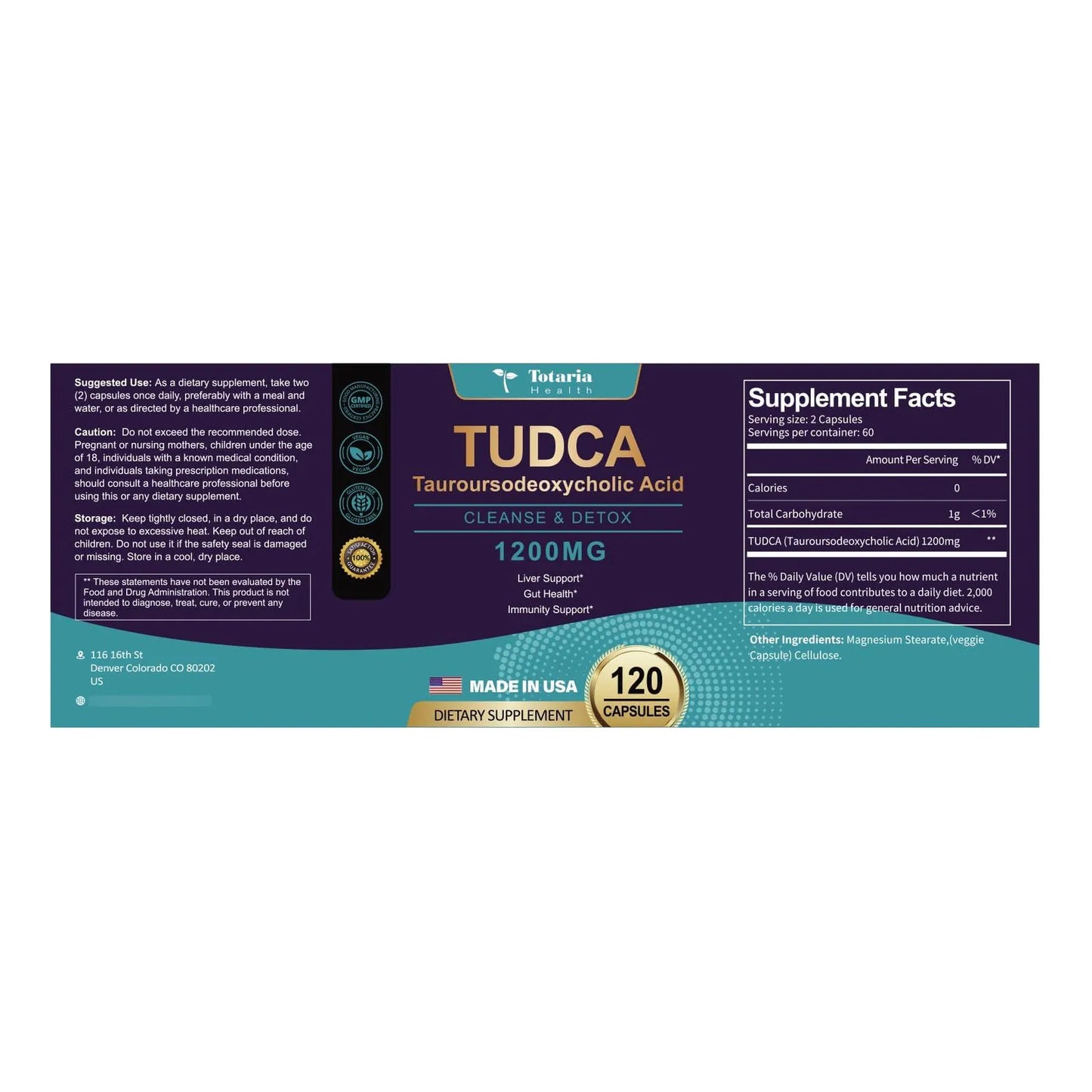 Cápsulas Tudca 1200 Mg Ácido Tauroursodesoxicólico 120 Unidades Suplemento Hepático Vegano