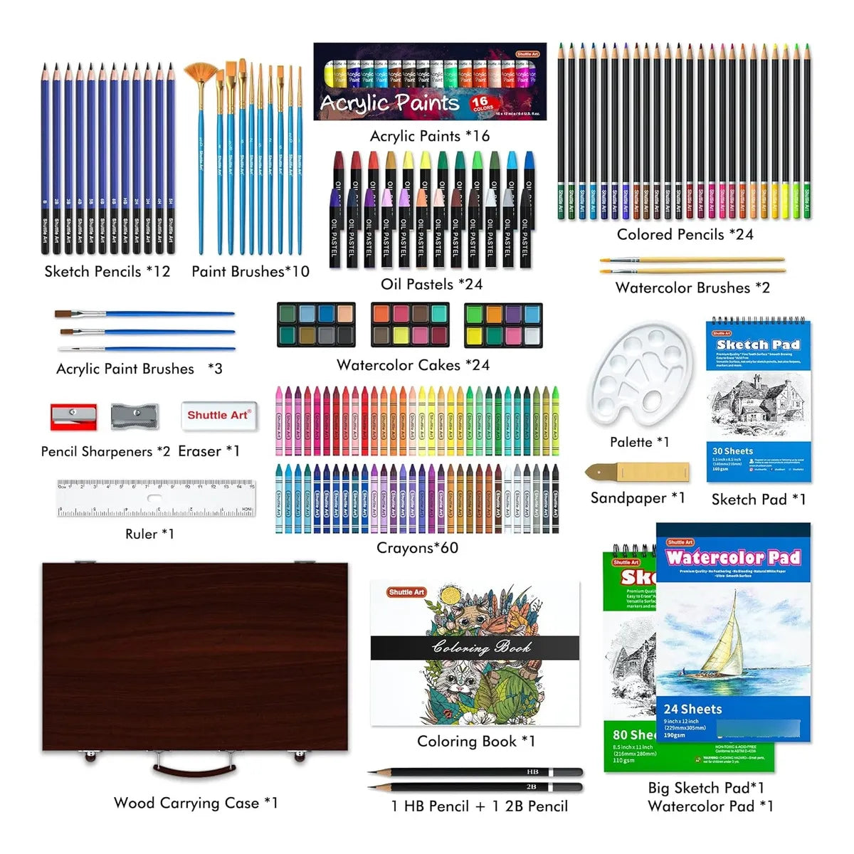 Set De Arte Profesional 186 Piezas Estuche De Madera Ideal Para Artistas