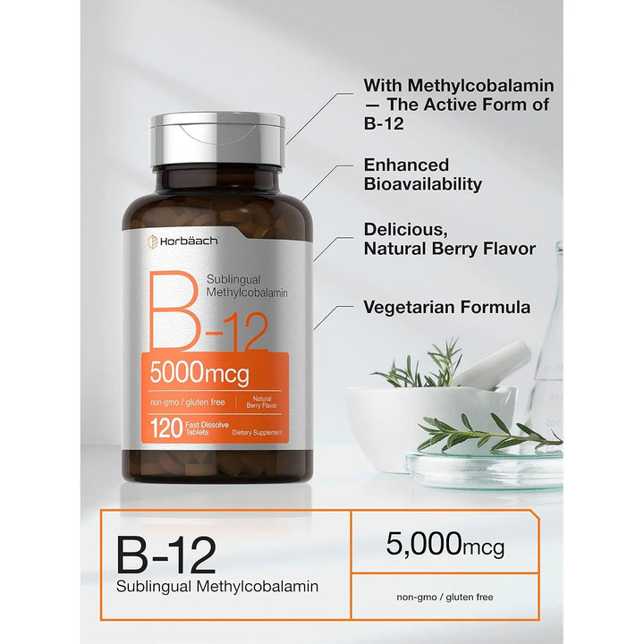 B12 Metilcobalamina Horbaach 5000 Mcg 120 Tabletas Sublinguales Sin Gluten - Imagen 4