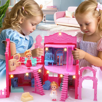 Casa De Muñecas Portatil 4 Habitaciones Con Luces Y Accesorios Incluye 2 Muñecas