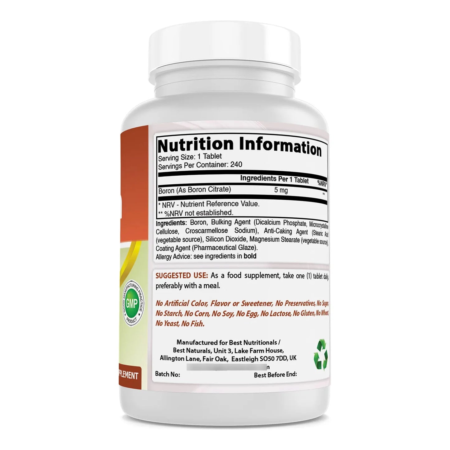 Suplemento De Boro 5 Mg 240 Tabletas Para Huesos Fuertes Y Equilibrio Hormonal