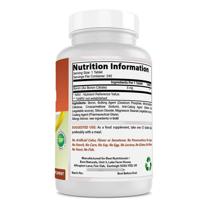 Suplemento De Boro 5 Mg 240 Tabletas Para Huesos Fuertes Y Equilibrio Hormonal