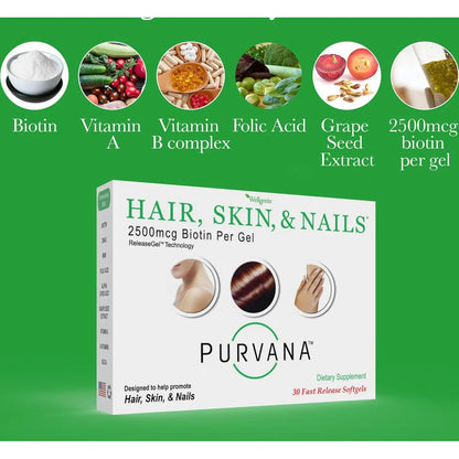 Purvana Vitamina Cabello Piel Uñas 2500 Mcg Biotina Acido Folico Dmae Usa