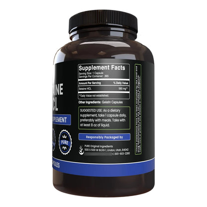 Betaína HCL 365 Cápsulas Puro Suplemento Digestivo USA